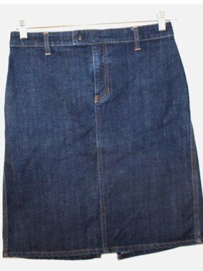 Gap Jeans Skirt Knee Length Sz 10 Blue Stretch Denim Front Zip Back Slit